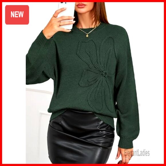 Oversized Chunky Knit Pullover Sweater Long Sleeve Crewneck Floral Pattern - Picture 6 of 7